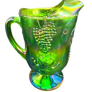 Vintage Indiana Carnival Glass Iridescent Green Harvest Grape Pitcher.